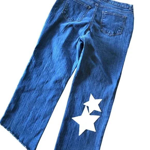 Upcycled Patchwork Jeans, Cropped Denim Hippie Pants with White Stars Size 16 - Picture 13 of 13